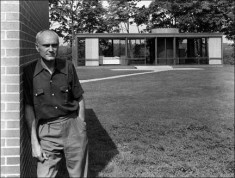 Mr. Philip Johnson with his Glass House in July, 1949 in New Canaan, Conn.